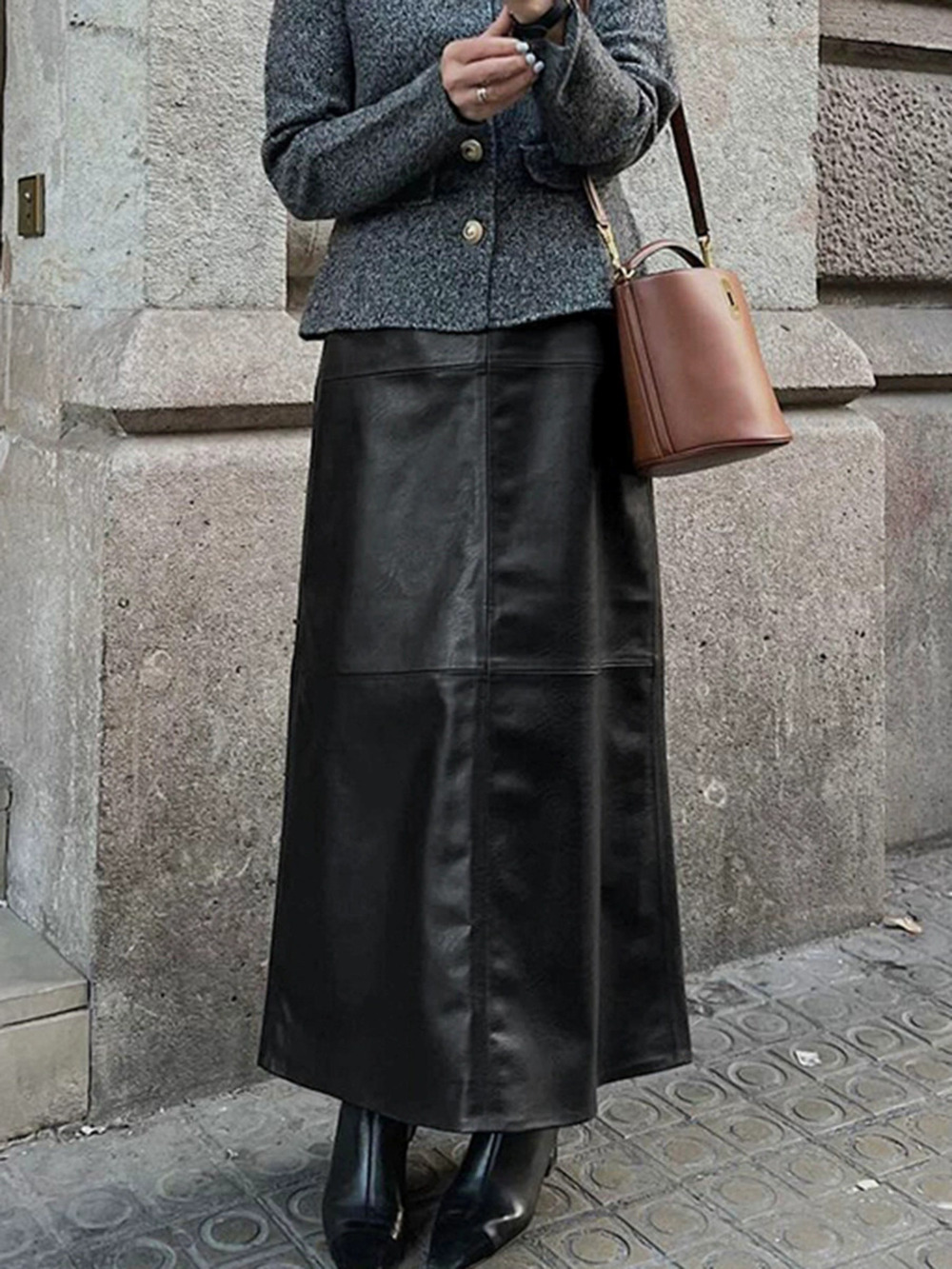 Forever 21 Vintage Black Matte Leather High Waist Long Skirt Spring